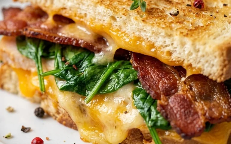 Turkey Melt with Cheddar, Spinach, and Beef Bacon