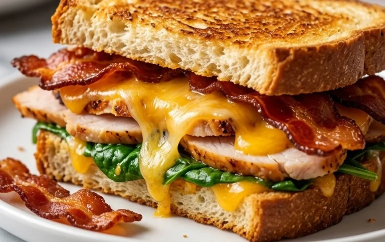 Turkey Melt with Cheddar, Spinach, and Beef Bacon